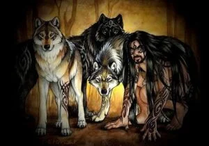 Dessin représentant un aux côtés de trois loups.