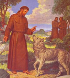 Illustration d'un moine soumettant un loup.