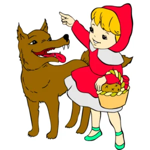 Illustration pour enfant représentant le Petit Chaperon rouge et le loup.