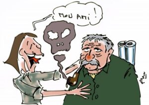 Caricature de Ségolène Royal disant : "mon ami" à José Bové, le tireur de loup.