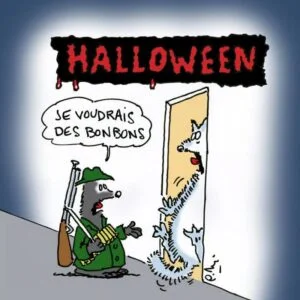 Dessin humoristique de Pascal Melan représentant un loup effrayé par un autre loup déguisé en chasseur, avec le texte "Halloween".