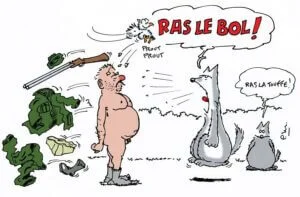 Dessin humoristique d'un loup et d'un chasseur dépité.