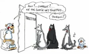 Dessin humoristique d'un mouton aux toilettes et des loups faisant la queue devant.