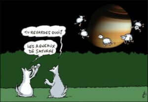 Dessin humoristique de Pascal Melan représentant deux loups blancs en train d'observer "les agneaux de Saturne".
