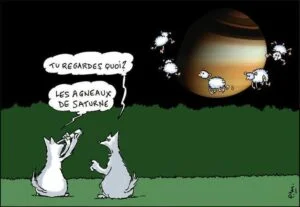 Dessin humoristique de Pascal Melan représentant deux loups blancs en train d'observer "les agneaux de Saturne".