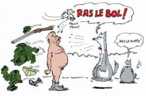 Dessin humoristique d'un loup et d'un chasseur dépité.