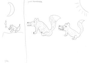 Dessin d'une famille de loups réalisé par Julia, 7 ans et demi.
