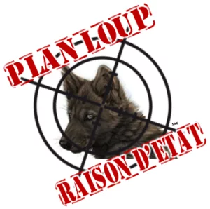 Illustration représentant un louveteau au centre d'une cigle avec les textes "Plan Loup" et "Raison d'Etat".