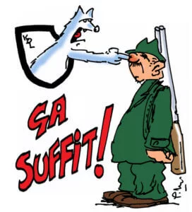 Caricature réalisée par Pascal Melan représentant un loup opposé à la chasse.