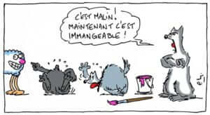 Image humoristique de quatre personnages animaux après une bêtise avec de la peinture. Un des loups, l’air exaspéré, regarde les trois autres, avec un texte qui dit ‘C’EST MALIN ! MAINTENANT C’EST IMMANAGEABLE !’”. Cette scène dépeint une énergie ludique et chaotique.