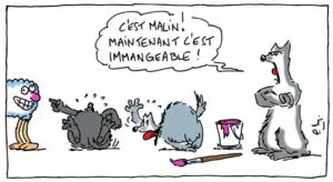 Image humoristique de quatre personnages animaux après une bêtise avec de la peinture. Un des loups, l’air exaspéré, regarde les trois autres, avec un texte qui dit ‘C’EST MALIN ! MAINTENANT C’EST IMMANAGEABLE !’”. Cette scène dépeint une énergie ludique et chaotique.