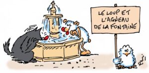 Dessin humoristique du Loup et l'Agneau.