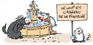 Dessin humoristique du Loup et l'Agneau.