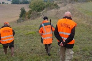 Photographie de 3 chasseurs en tenue orange fluo, dans un près.
