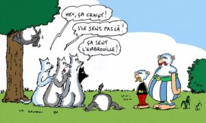 Illustration colorée de style bande dessinée représentant des personnages semblables à ceux de la série de BD Astérix, avec trois loups aux expressions inquiètes, dans un environnement extérieur lumineux. Un personnage barbu en tunique bleue et casque ailé, ressemblant à Astérix, est accompagné d’un plus petit personnage en pantalon rouge et tunique noire. Les trois loups, un blanc et deux gris, affichent des expressions exagérées de préoccupation. Un loup gris est perché sur une branche d’arbre. Il y a les phrases : ‘Heu, ça craint! J’le sens pas là! Ça sent l’embrouille!’ L’image dépeint une scène humoristique avec les réactions exagérées des loups.
