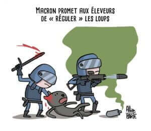 Dessin satirique policiers attaquent un loup.