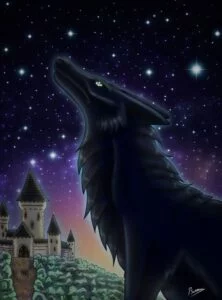 Dessin d'un Loup noir devant un château-fort avec, en fond, un ciel étoilé.