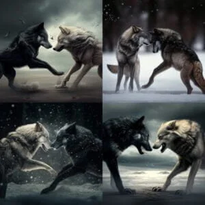 Illustration composée de quatre miniatures représentant un loup gris et un loup noir se confrontants.