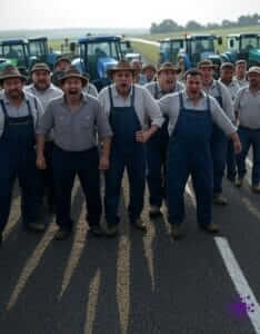 Groupe d'agriculteurs en salopettes et chapeaux, manifestant et se tenant debout sur une autoroute, avec des tracteurs alignés en arrière-plan.