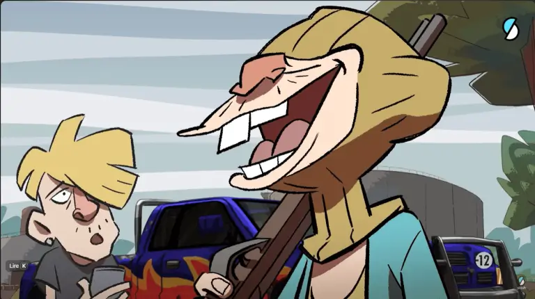 Regarder la vidéo d'animation : Un chasseur hilare portant une cagoule beige et un jeune homme sceptique devant un pickup bleu avec flammes. Image d'une série d'animation déconseillée aux moins de 12 ans.