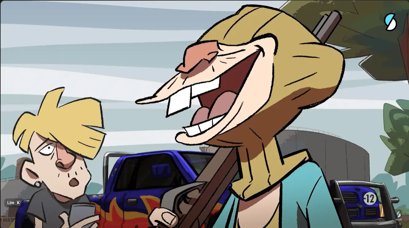 Regarder la vidéo d'animation : Un chasseur hilare portant une cagoule beige et un jeune homme sceptique devant un pickup bleu avec flammes. Image d'une série d'animation déconseillée aux moins de 12 ans.